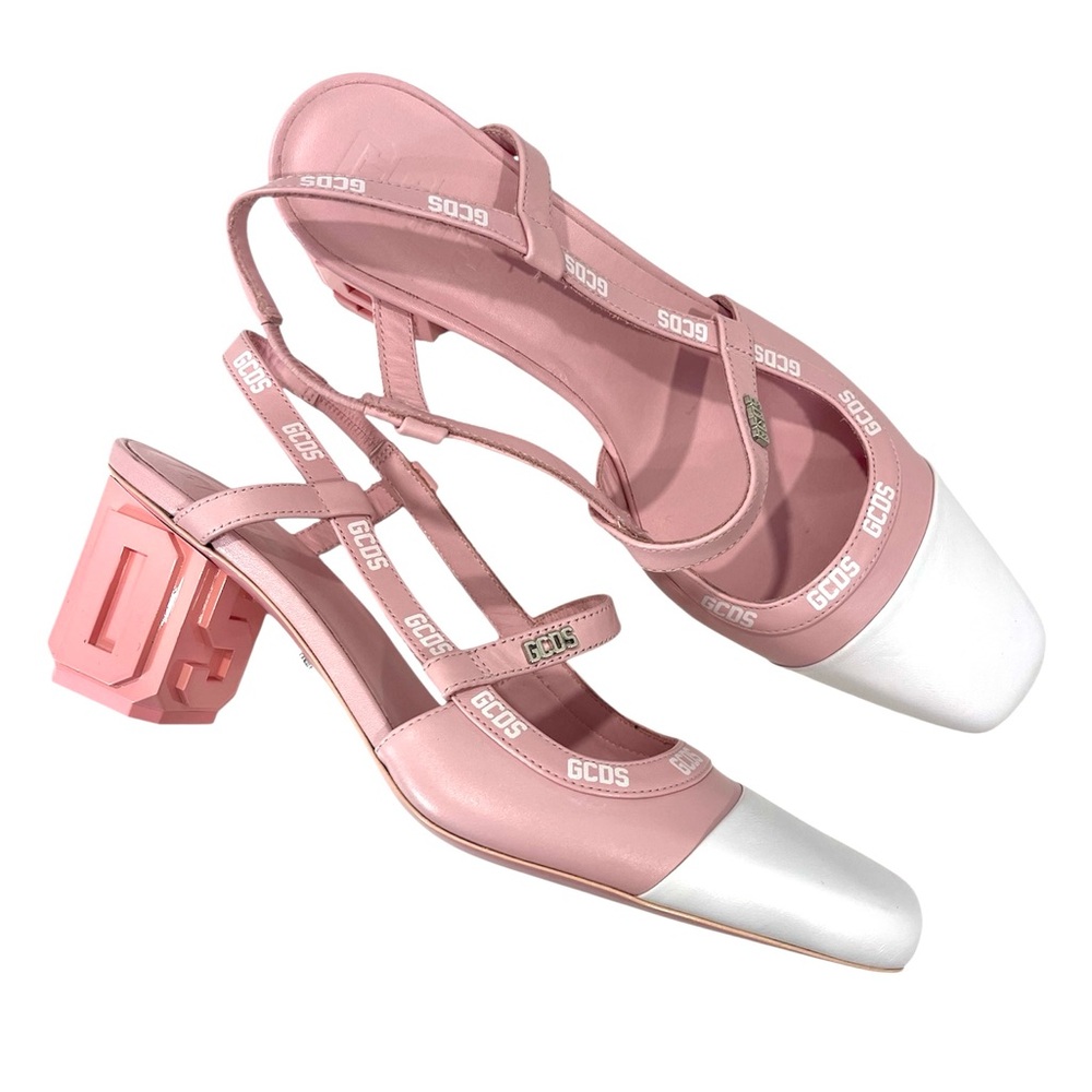 NEW GCDS Leather Lilit Slingback Pink Logo Pumps Block‎ Heels Coquette Feminine